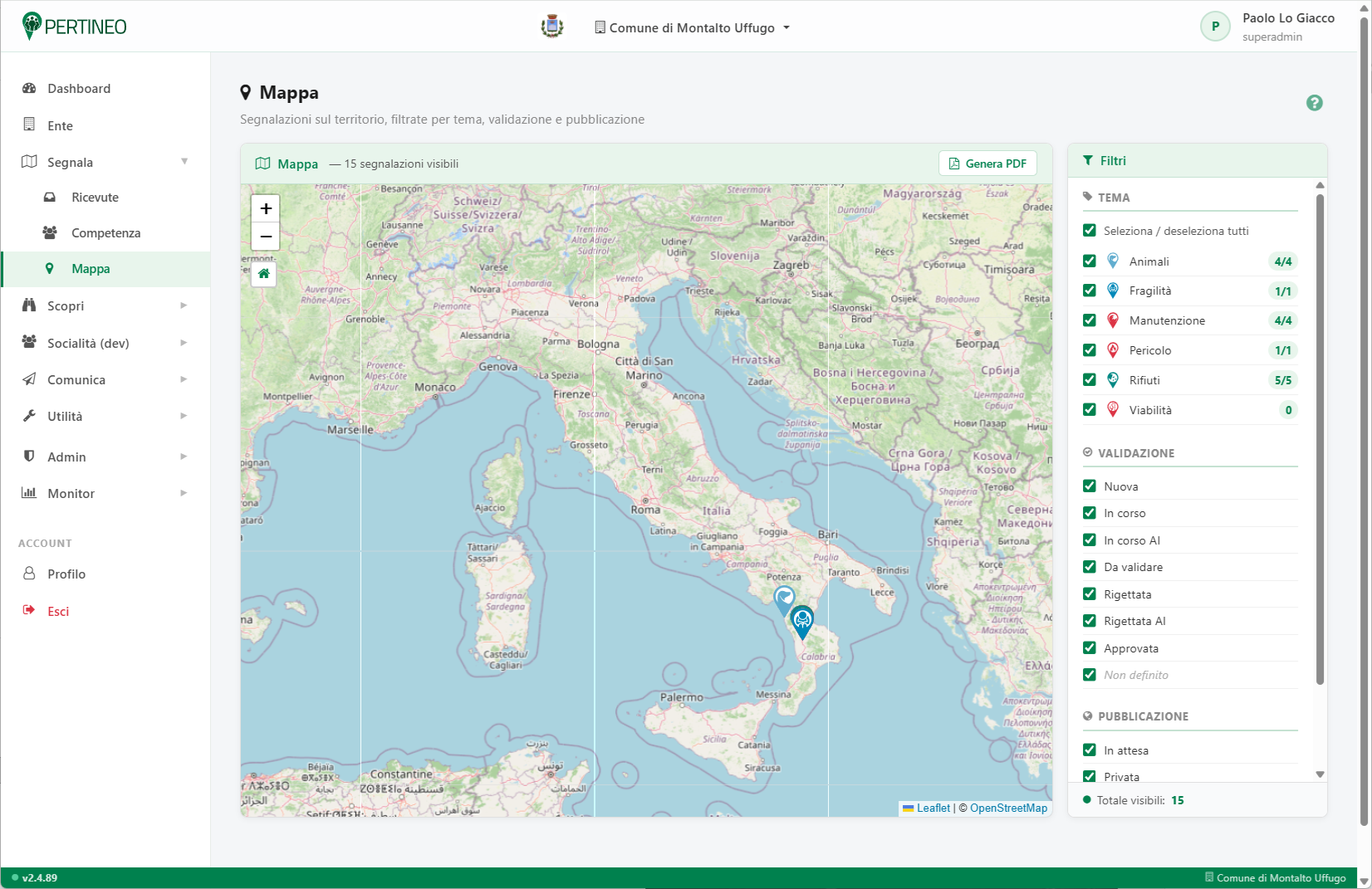 Console Pertineo — Mappa segnalazioni